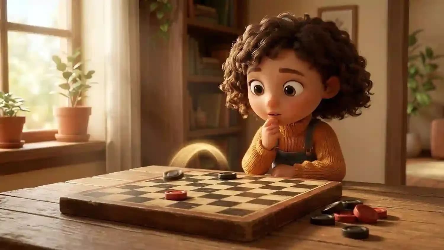 Jeu de dames pour enfants, illustrant un saut forcé sur un damier.